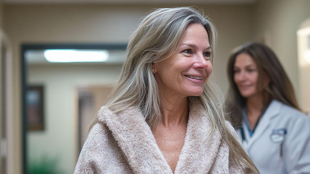 smiling woman patient in cozy rode preparing for mammogram